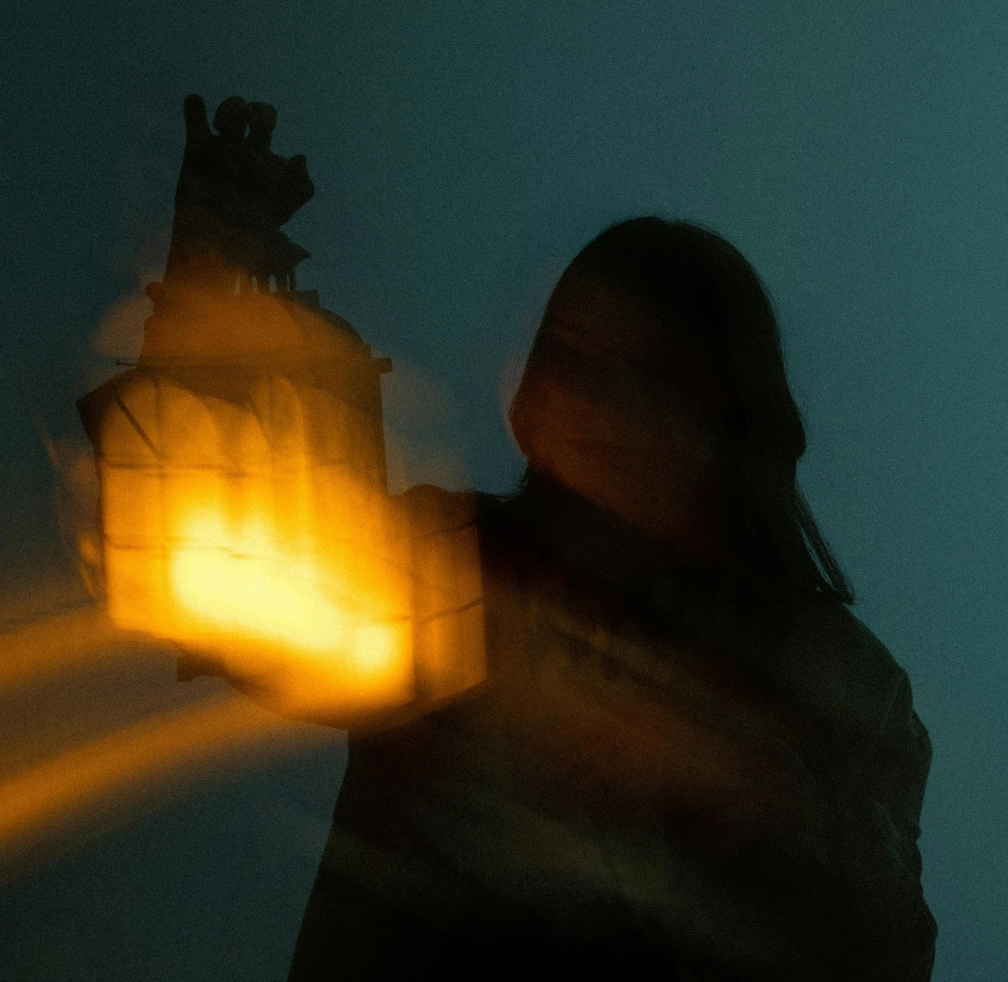 Silhouette of Woman Holding Lantern in Night
